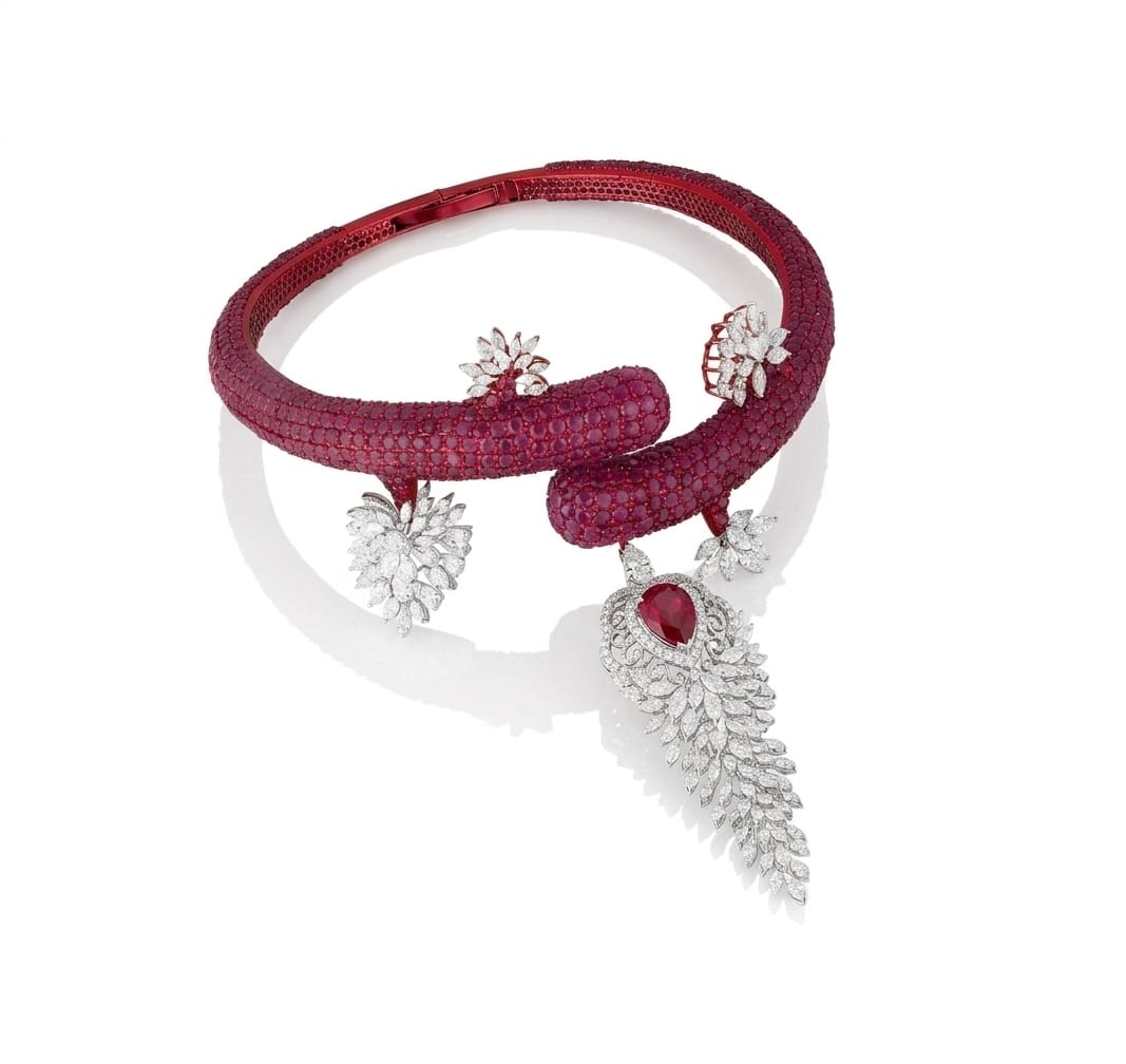 Ruby Pavé Heart Pendant Necklace & Earring Set